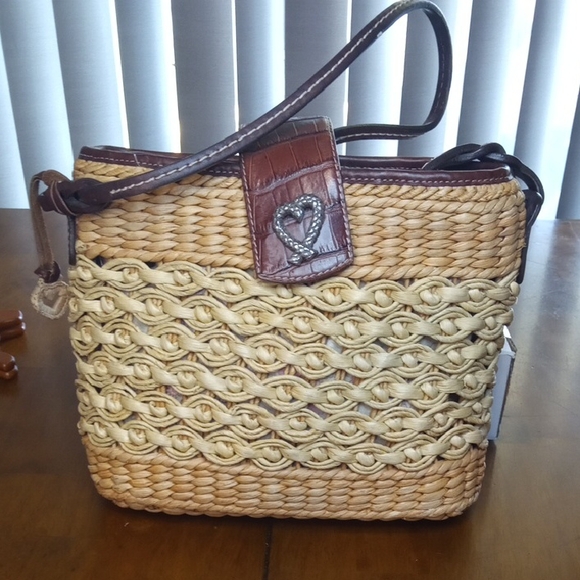 Brighton Handbags - Brighton Natural Jute Raffia Tan and Brown Shoulder Bag With Heart Charm
